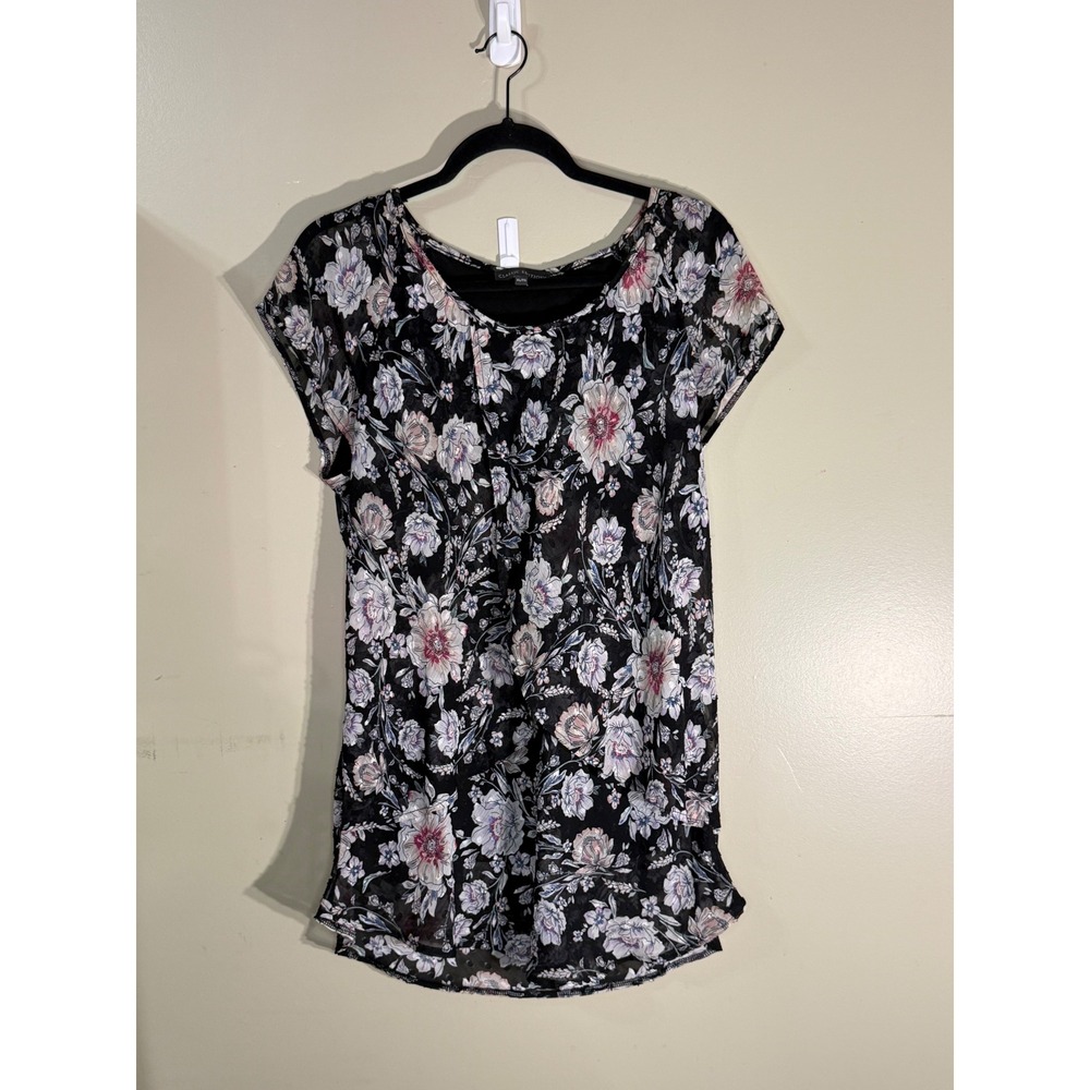Classic Elements Womens Black Floral Sheer Mesh Lined Short Sleeve Blouse Top XL